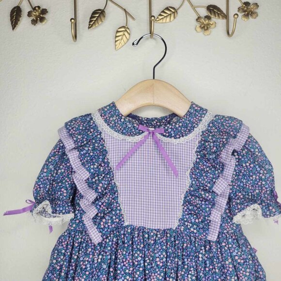 Handmade Vintage Style Prairie Dress Purple Blue Floral Baby Girls 2T #3337 - Picture 3 of 5